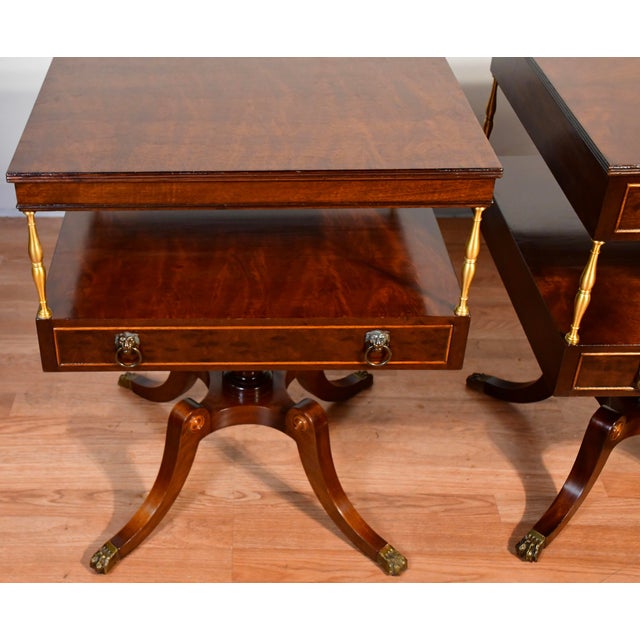 Description 1930 Elegant pair of vintage Neoclassical regency style mahogany end tables crafted by Schmieg & Kotzian,...