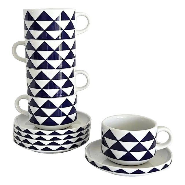 1980s Block Langenthal Coffee Cups and Saucers in Stack Optic Pattern, 10 Piece Set For Sale