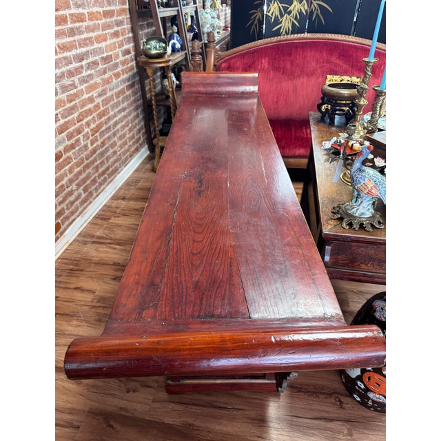 Burgundy Chinese Carved Red Lacquer Qiaotouan Altar Console Table, Circa 1900 For Sale - Image 8 of 10