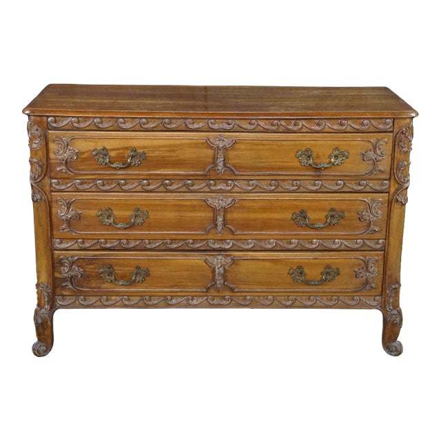 Vintage Italian French Country Louis XV Carved Walnut Commode Chest Dresser For Sale