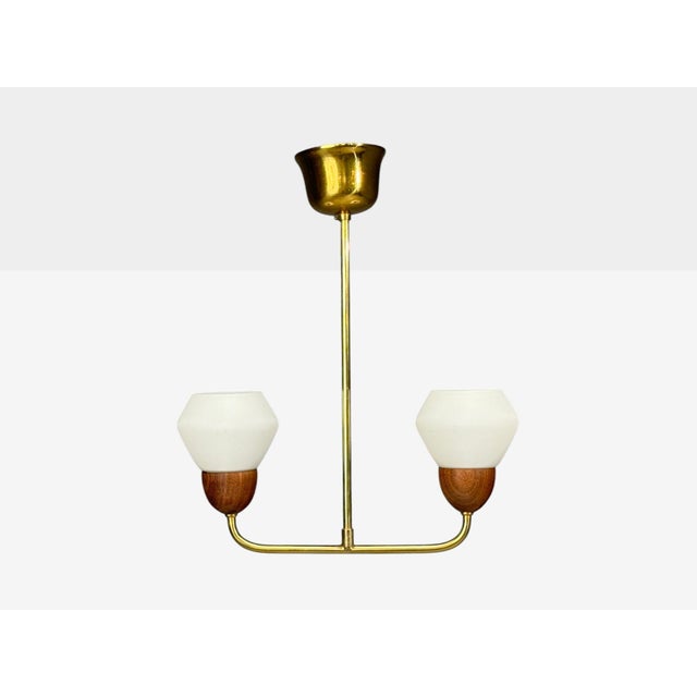 1960s Swedish Modern, Pendant Light, Teak, Opal Glass, Brass For Sale - Image 4 of 9