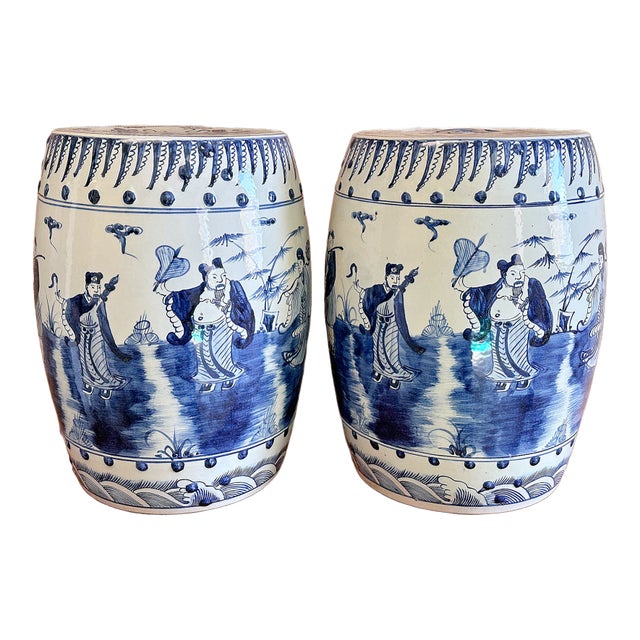 Chinoiserie Porcelain Blue and White Flutist Garden Stools - A Pair For Sale