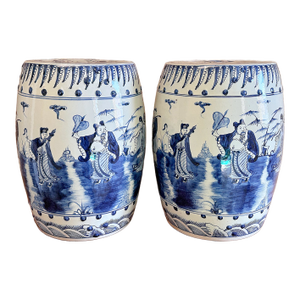 Chinoiserie Porcelain Blue and White Flutist Garden Stools - A Pair