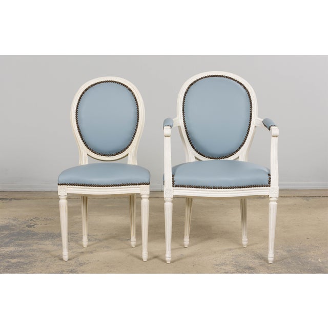 Antique French Louis XVI Style Painted Dining Chairs in Sky Blue Leather - Set of 6 For Sale In New York - Image 6 of 18