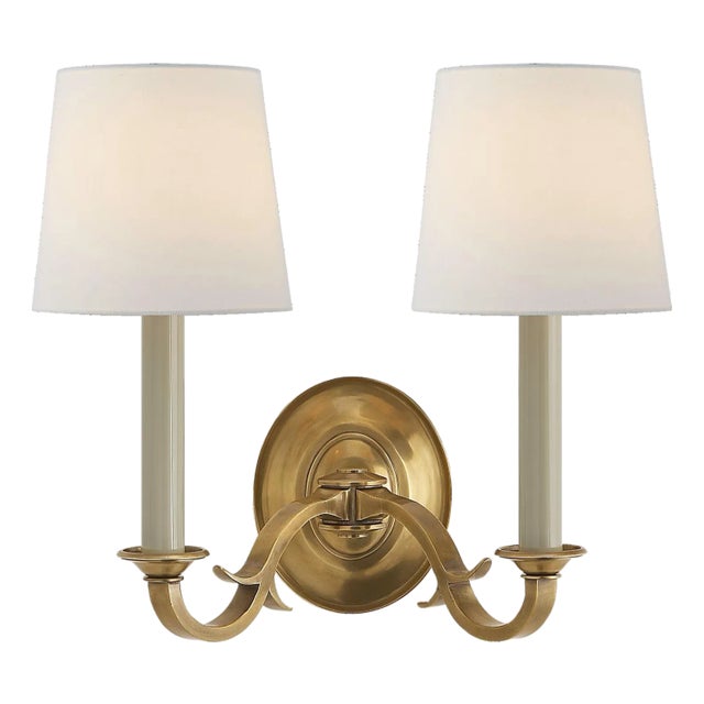 Channing Double Sconce in Hand-Rubbed Antique Brass with Linen Shades Designer: Thomas O'Brien Finish: Hand-Rubbed Antique...