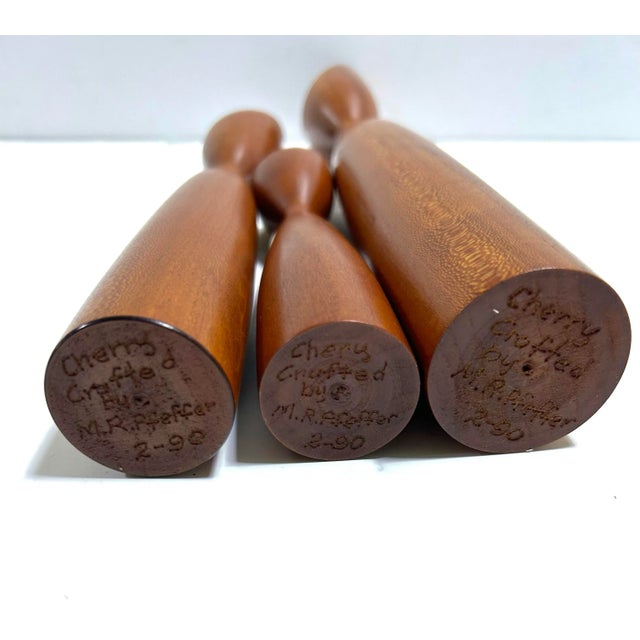 1990s Signed MCM Danish Teak Tulip Candle Holders – Set of 3 For Sale - Image 5 of 7