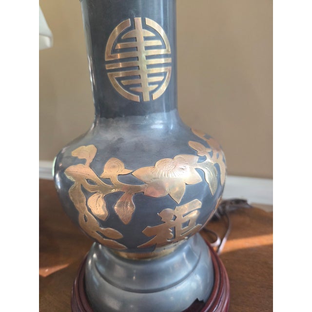 Vintage Pewter & Brass Asian Chinoiserie Jar Lamp For Sale - Image 9 of 11