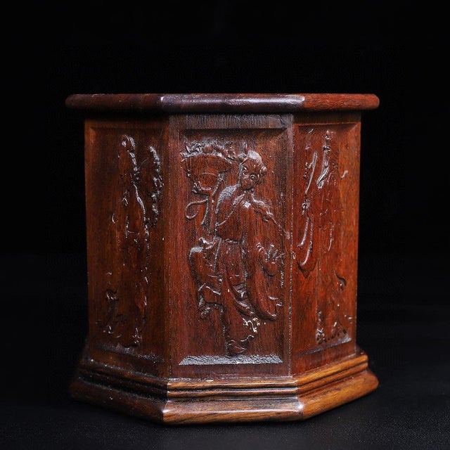 Mid 20th Century Vintage Chinese Huali Rosewood Brush Pot | Octagonal Carved Eight Immortals Motif For Sale - Image 5 of 10