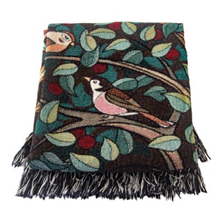 Arts and Crafts Style "Tree of Birds" in Espresso Jacquard Woven Throw Blanket For Sale