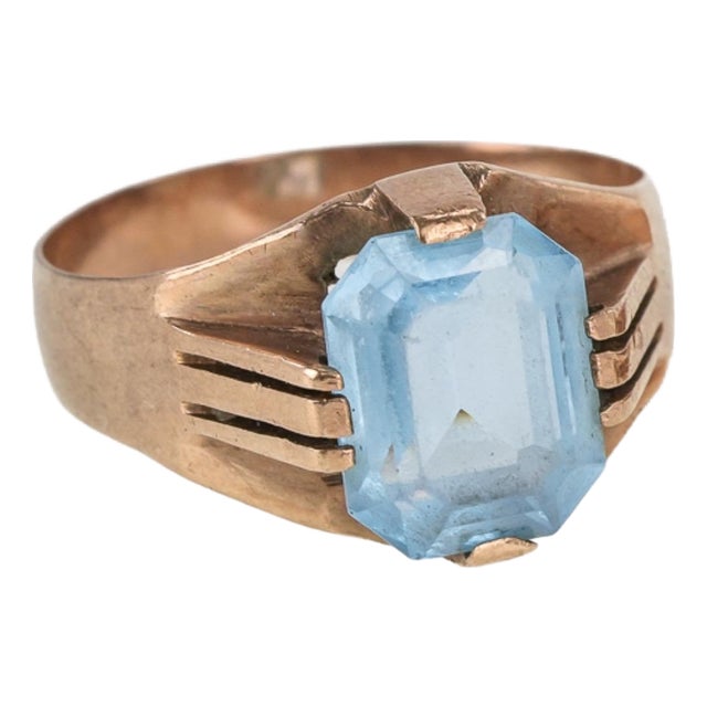 10k Yellow Gold With Faceted Blue Gemstone Ring For Sale