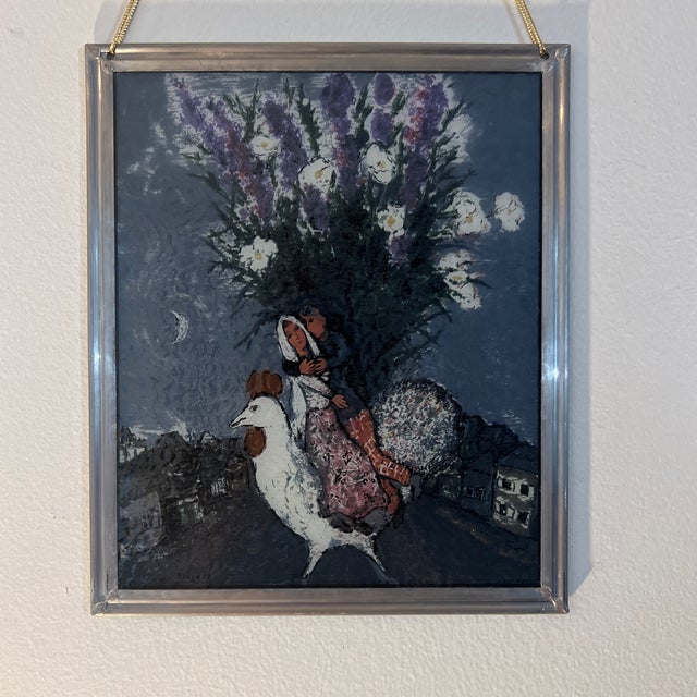 Figurative 1960s Window Panel Stained Glass by Boston Glass Masters Marc Shagall Wedding Couple Riding White Rooster, Framed For Sale - Image 3 of 9