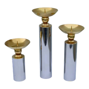 1980's Brass And Chrome Karl Springer Style Candle Holders - Set of 3