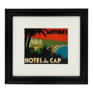 Vintage Hotel Du Cap Antibes France Framed Hotel Luggage Label For Sale