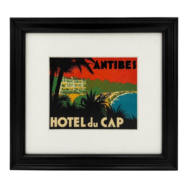 Vintage Hotel Du Cap Antibes France Framed Hotel Luggage Label For Sale