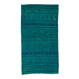 Handwoven Vintage Blue Overdyed Turkish Kilim Rug - 5'2" X 9'8" For Sale