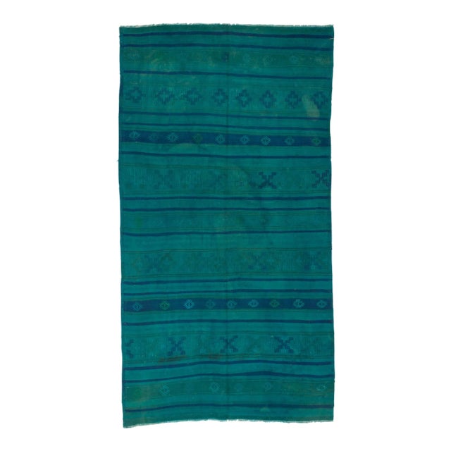 Handwoven Vintage Blue Overdyed Turkish Kilim Rug - 5'2" X 9'8" For Sale