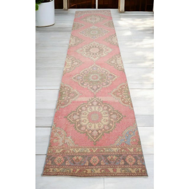 Turkish 1960s Traditional Turkish Runner Rug Hand Knotted Distressed Low Pile Pink Hallway Decor For Sale - Image 3 of 10