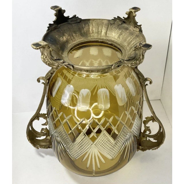 1960s Massive French Cut-To-Clear Amber Yellow Crystal Urn, Ornate Brass For Sale - Image 12 of 13