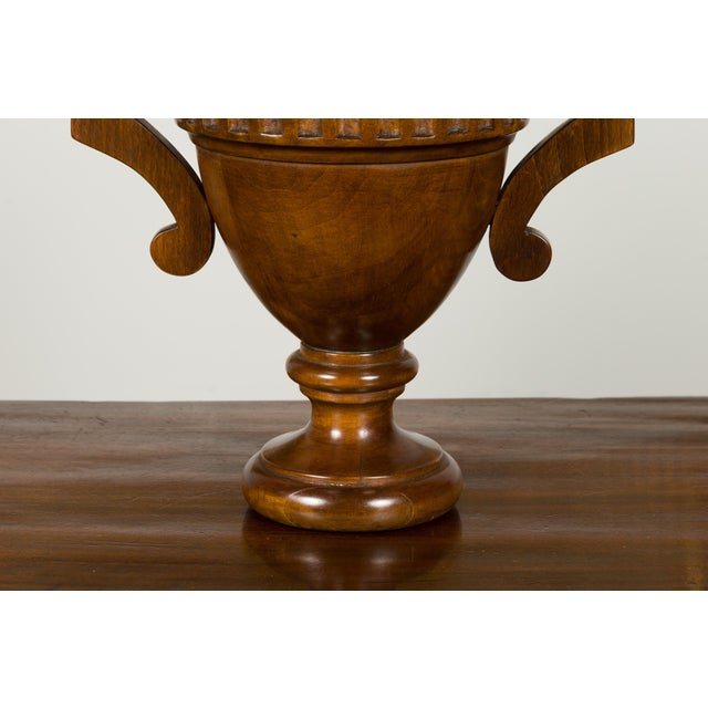 Pair of Midcentury English Carved Walnut Lidded Urns with Large Handles For Sale - Image 9 of 11