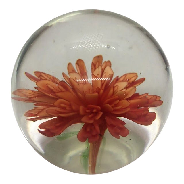 Vintage Round Paperweight With Orange Flower For Sale