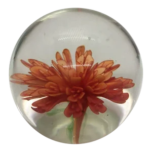Vintage Round Paperweight With Orange Flower