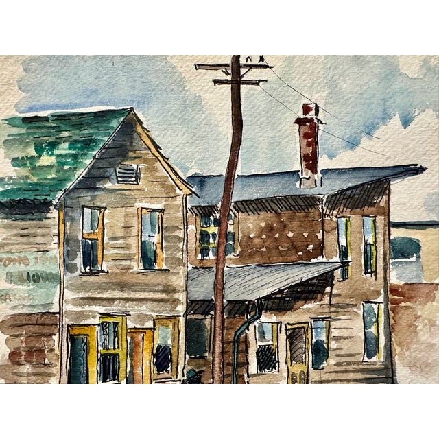 Rustic Henry Emil Salloch Original Watercolor on Paper Urban Tenement Houses With Wooden Telephone Pole, 1945. For Sale - Image 3 of 6