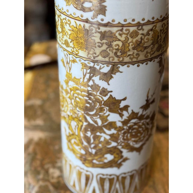 Vintage Chinese Ceramic Yellow and White Floral Umbrella Holder For Sale - Image 4 of 8