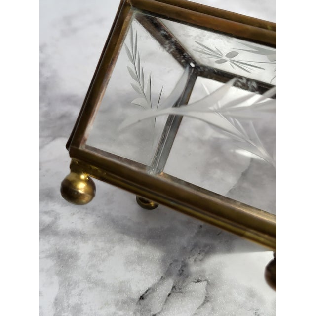 Vintage Glass and Brass Trinket Box Etched Floral For Sale - Image 4 of 12