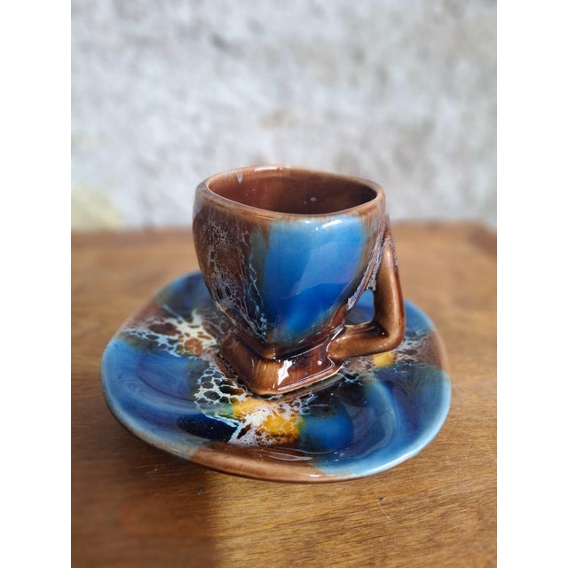 1950s Art Deco Vallauris Coffee Service with Cobalt Blue Flamed Glaze, 1950s, Set of 15 For Sale - Image 5 of 18
