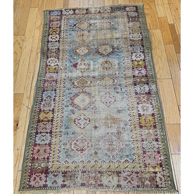 Shabby Chic Antique Caucasian Karabagh Rug, Geometric Design, Handwoven Wool, Turquoise & Red, 5' x 9' For Sale - Image 3 of 9