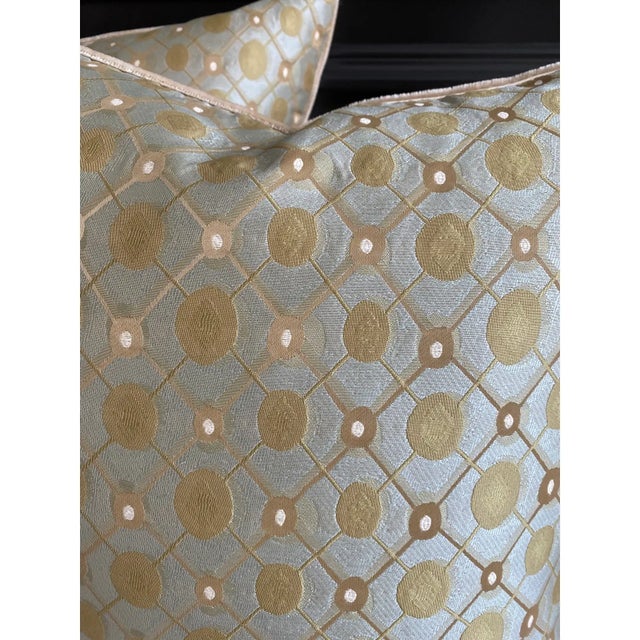 2010s Designer Mid-Century Style Pillows in Olive Green on Ice Blue - A Pair For Sale - Image 5 of 10