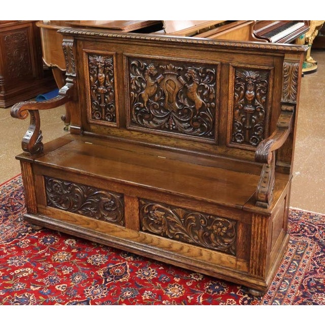 Victorian Late 19th Century English Victorian Oak Hall Seat Settee Bench For Sale - Image 3 of 18