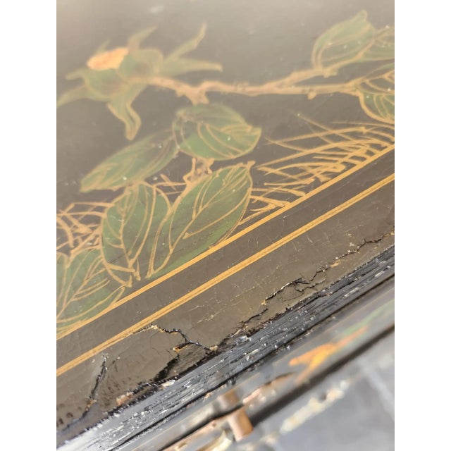 1950s Chinoiserie Black Lacquer Mop Chinese Cabinet Hand Painted For Sale - Image 13 of 15