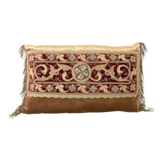 Antique Silk Velvet Lumbar Pillow With Metallic Gold Threads For Sale