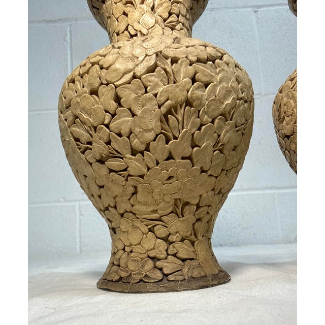 White Pair of Antique Handmade Chinese Carved White Lacquer Cinnabar Floral Vase Urn For Sale - Image 8 of 12