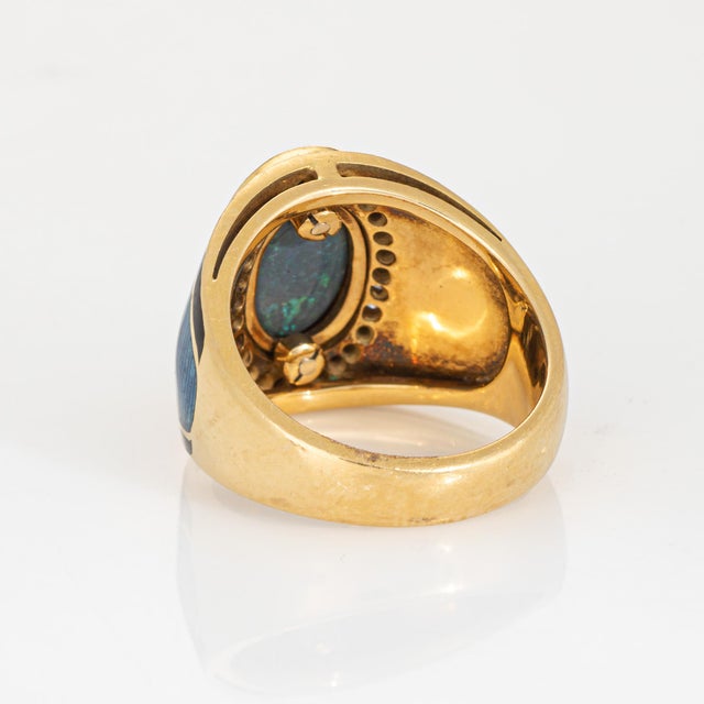 1980s Natural Opal Diamond Ring Enamel Vintage 18k Yellow Gold Wide Cigar Band Sz 7 For Sale - Image 5 of 7