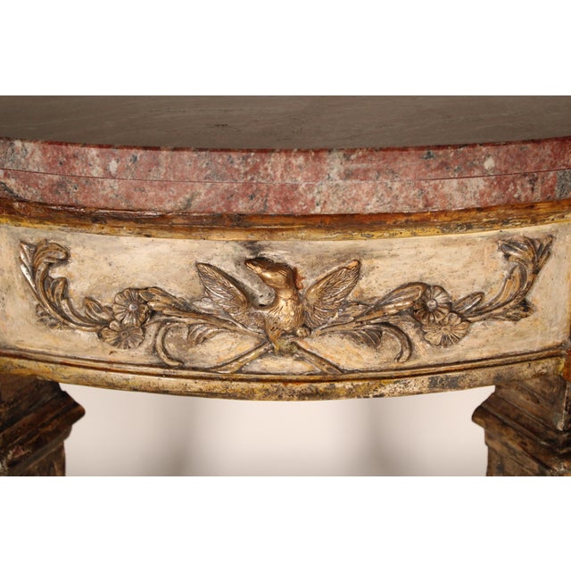 Wood Antique Louis XVI Style Silver Leaf and Painted Marble Top Console Table For Sale - Image 7 of 11