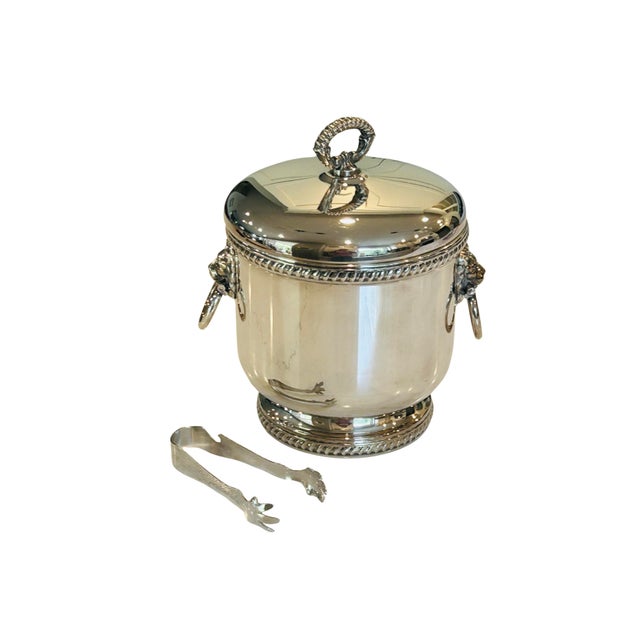 Sheffield Silver Co. Vintage the Sheffield Silver Co. Silver-Plated Ice Bucket With Lion Head Handles, Milk Glass Liner & Ornate Ice Tongs | Hollywood Regency Barware For Sale - Image 4 of 15