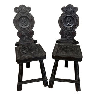 Antique Neo-Renaissance Black Carved Wood Chairs, 19th Century, Set of 2 For Sale