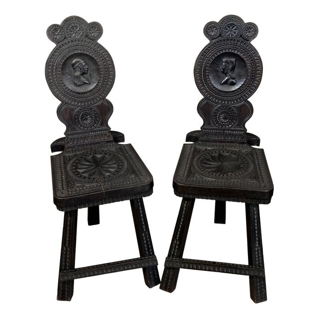 Antique Neo-Renaissance Black Carved Wood Chairs, 19th Century, Set of 2 For Sale