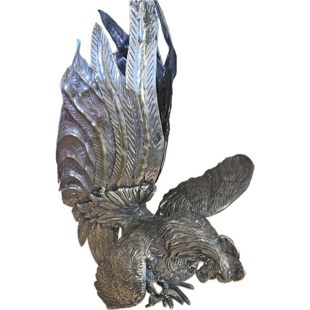 Vintage Solid Brass Fighting Rooster Sculpture With Dramatic Tail For Sale - Image 12 of 12