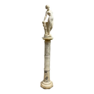 19th Century Emilio Fiaschi Alabaster Nude Female Sculpture on Marble Pedestal Stand, Set of Two For Sale
