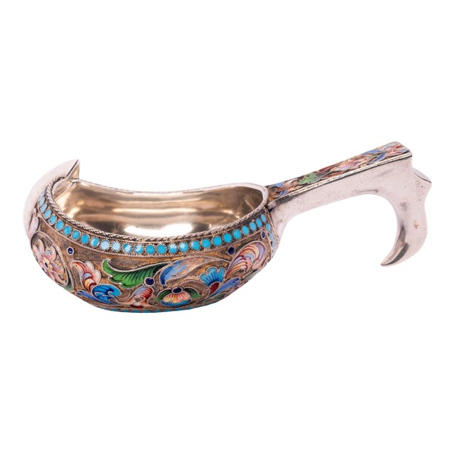 Antique Imperial Russian Silver Gilt Cloisonne Kovsh Nikolay Strulev Moscow 1908 For Sale