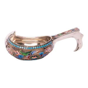 Antique Imperial Russian Silver Gilt Cloisonne Kovsh Nikolay Strulev Moscow 1908
