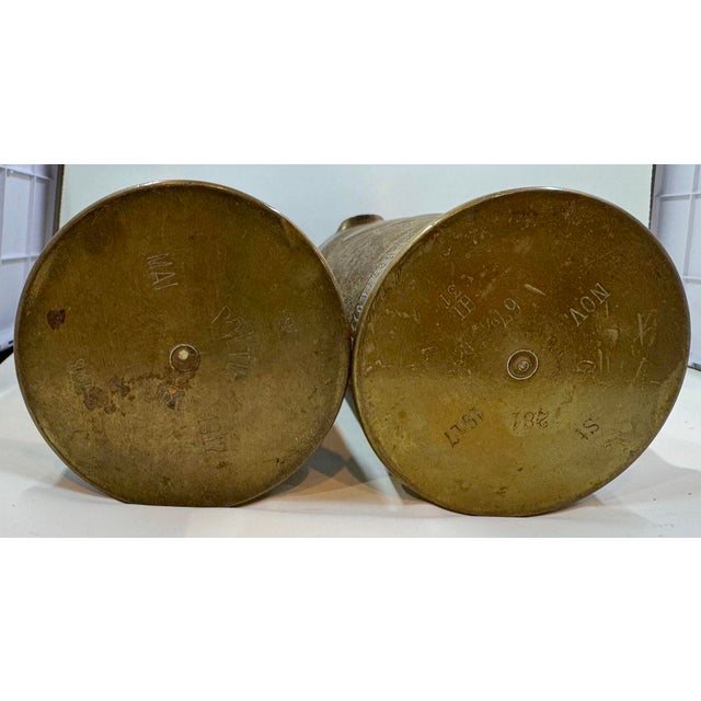 Copper Artistic Pair of World War I Brass Trench Art Vases Decorated With a Lily Floral Motif - Dated November 1917, Madgeburg, Germany For Sale - Image 8 of 11