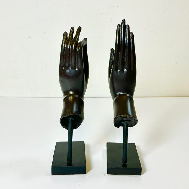 Mid 20th Century Mid-Century Asian Boho Chic Cast Metal Buddha Hands Sculpture - Set of 2 For Sale - Image 5 of 13