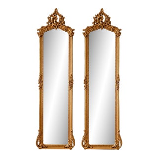 Late20C Euro Artisan Rococo Gold Wood Floor Mirrors-Pair For Sale