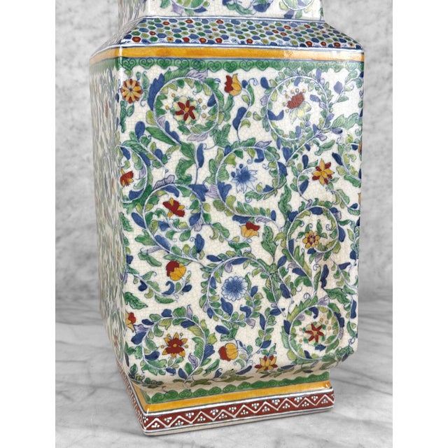Vintage 14" Chinese Porcelain & Enamel Green Floral Paneled Vase For Sale - Image 6 of 9