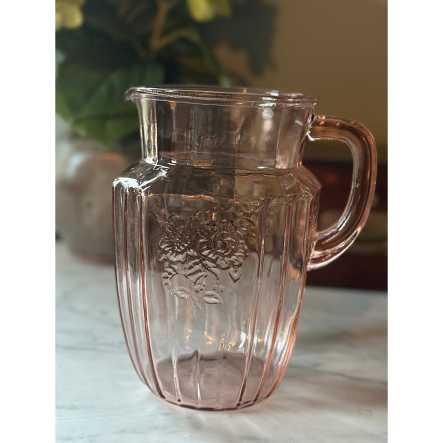 Authentic 1930s Anchor Hocking 'Mayfair' (Open Rose) pink depression glass pitcher with paneled optic ribs, wild rose...