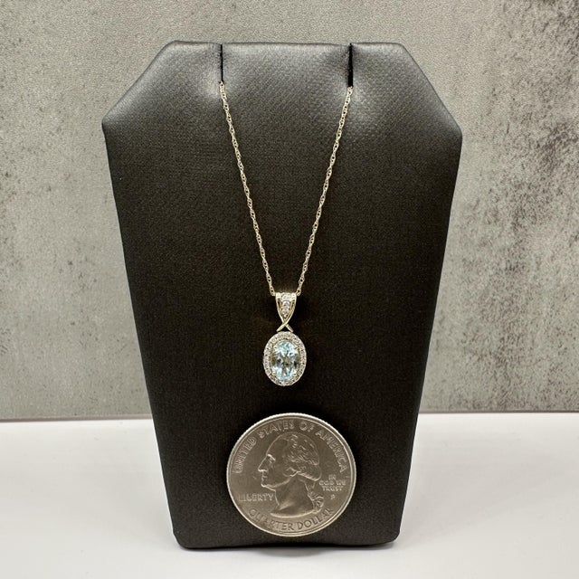 Early 21st Century Aquamarine Diamond Pendant Necklace 10kt Yellow Gold 0.15ctw 18in New For Sale - Image 5 of 5